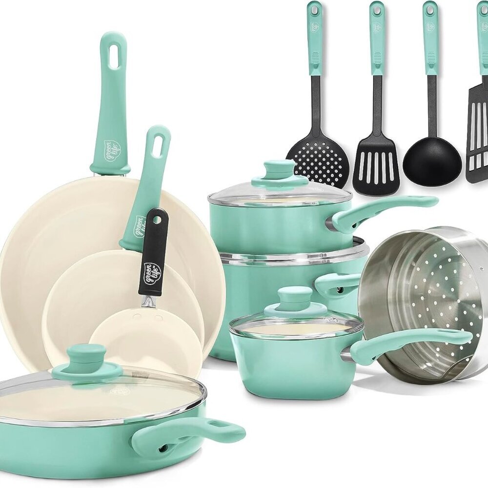 Soft Grip 16 Piece Cookware Set, Non-Toxic PFAS-Free Ceramic Nonstick, Pots, Fry